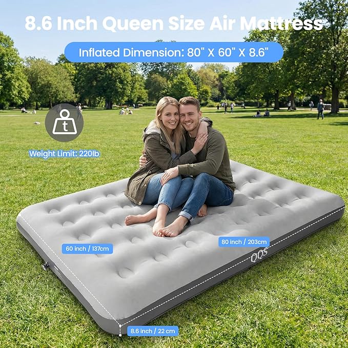 Air Mattress Queen with Hand Pump, 8.6'' Raised Inflatable Bed, 220lb Support Blow Up Mattress for Guest, Tent Camping, Travel & Home Use