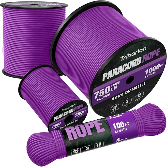 Paracord Rope 750 lb - 200ft 5/32" Parachute Cord 4MM 12-Strand para Cord - Heavy Duty Spool String for Survival,Camping Gear, Survival Bracelet, Clothesline - Purple