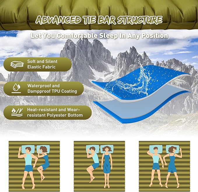Double Camping Sleeping Pad, Ultralight Waterproof Inflatable 2-Person Sleeping Mat with Inflation Bag, Lightweight Portable Air Mattress for Outdoor Backpacking Hiking Car Traveling Tent (Green)