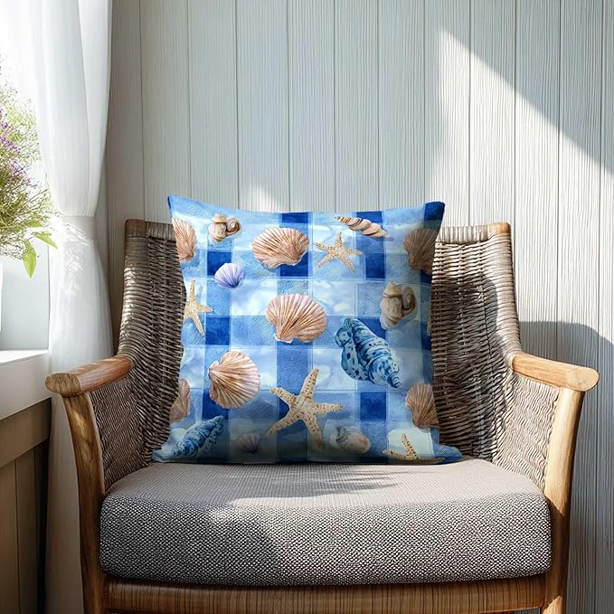 Coastal Throw Pillow Covers 18x18 Set of 2 | Blue Ocean Shell Starfish Cushion Covers | Beach Gingham Decorative Pillow Cases for Couch Sofa Living Room Bedroom