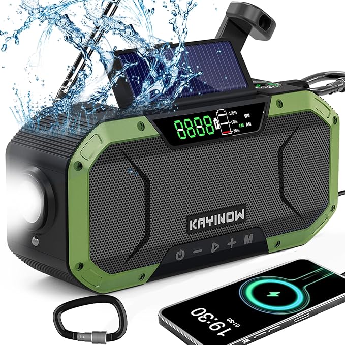 Hand Crank Emergency Radio,Portable AM FM NOAA Weather Radio,Solar Power,18500mWh/5000mAh Battery Operated,USB Charging Flashlight,Waterproof,SOS for Camping,Power Outage,Survival Storm