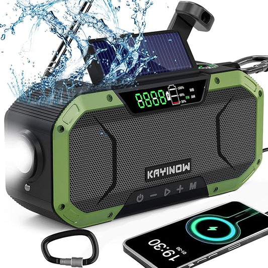 Hand Crank Emergency Radio,Portable AM FM NOAA Weather Radio,Solar Power,18500mWh/5000mAh Battery Operated,USB Charging Flashlight,Waterproof,SOS for Camping,Power Outage,Survival Storm