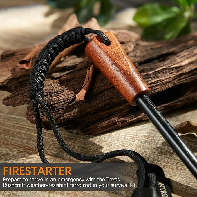 Fire Starter Survival Tool - Handmade Wooden Handle 3/8"" Thick Ferro Rod with Striker and Umbrella Rope Waterproof Iron Rod Flint and Steel Fire Starter Kit