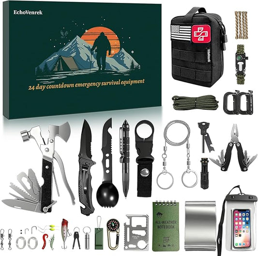 24-Piece Emergency Survival Kit - Complete Outdoor Gear Set with Portable Bag - Fire Starters, Multi-Tools & Emergency Equipment for Car, Home & Camping