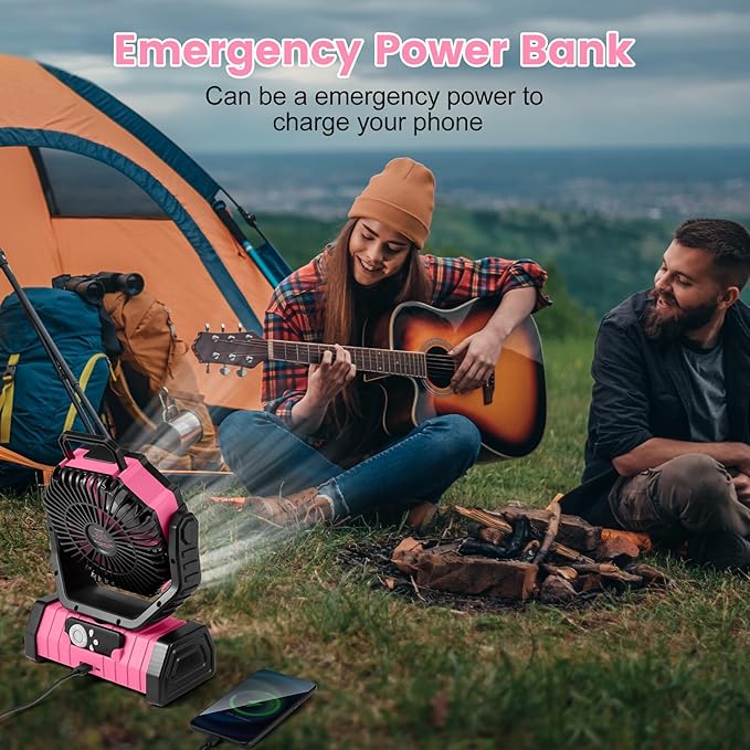 Odoland 30000mAh Camping Fan with LED Lantern, Rechargeable Battery Operated Oscillating with Remote Hook, Portable Tent Fan with Timer, 4 Speeds for Outdoor RV Jobsite Power Outage, Pink
