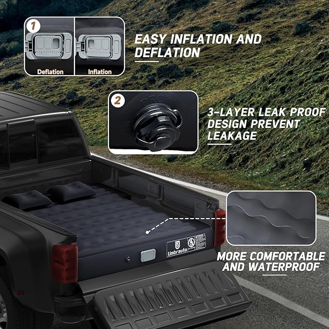 Umbrauto Truck Air Mattress for 5.5-5.8ft Full Size Short Bed, Self-Inflating Suede Surface Truck Camping Airbed for Pickup Tent Outdoor Travel Sleeping