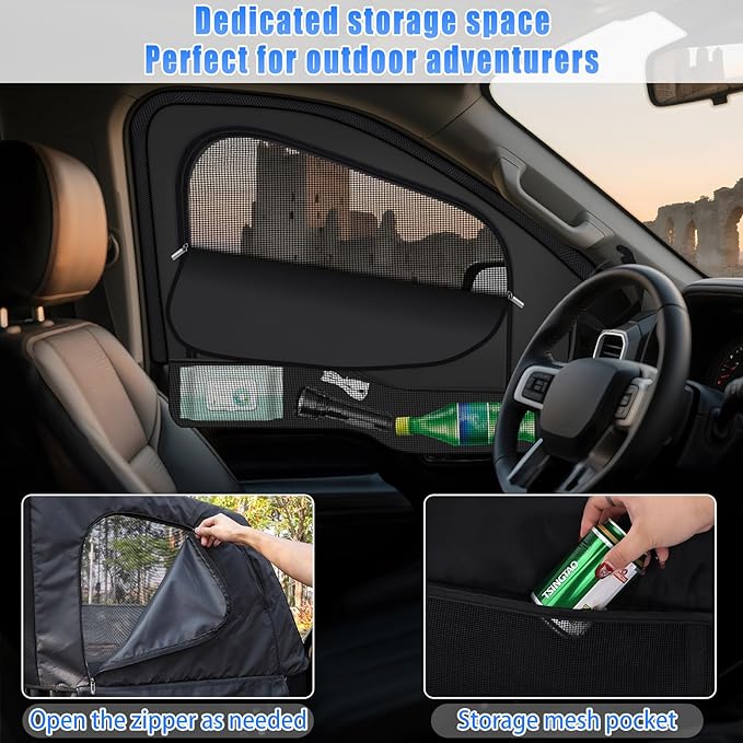 ZATOOTO Car Window Shades for Ford F-150 2021-2024 Car Window Covers Blackout | Double-Layer with Zipper | Airflow and Privacy F-150 Window Screen with Storage Bag for Camping Napping Traveling