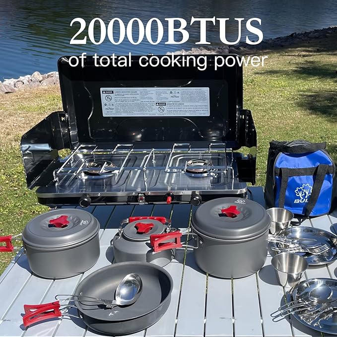 FineFlame Camping Stove, 2 Burners Portable Propane camp Stove with Regulator, Integrated Igniter & Stainless Steel Drip Tray & Built-in Handle & Foldable Legs for Outdoor Cooking Travel(20000BTU)