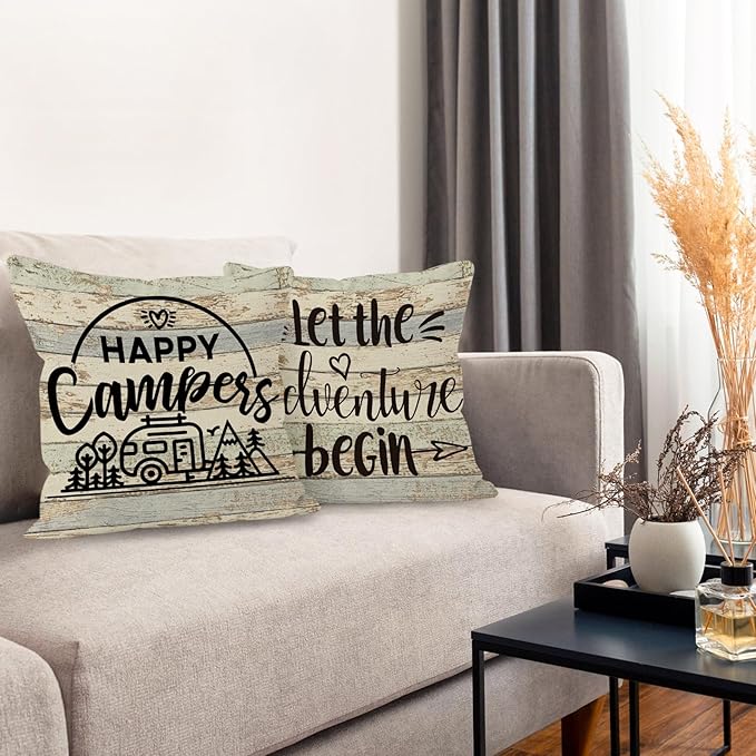 Camping-Themed Decorative Throw Pillow Covers, 2 x 18" x 18" Beige Cotton Linen Blend, Rustic Letter Print, Perfect for Home Decor, Camping, Camper Gifts
