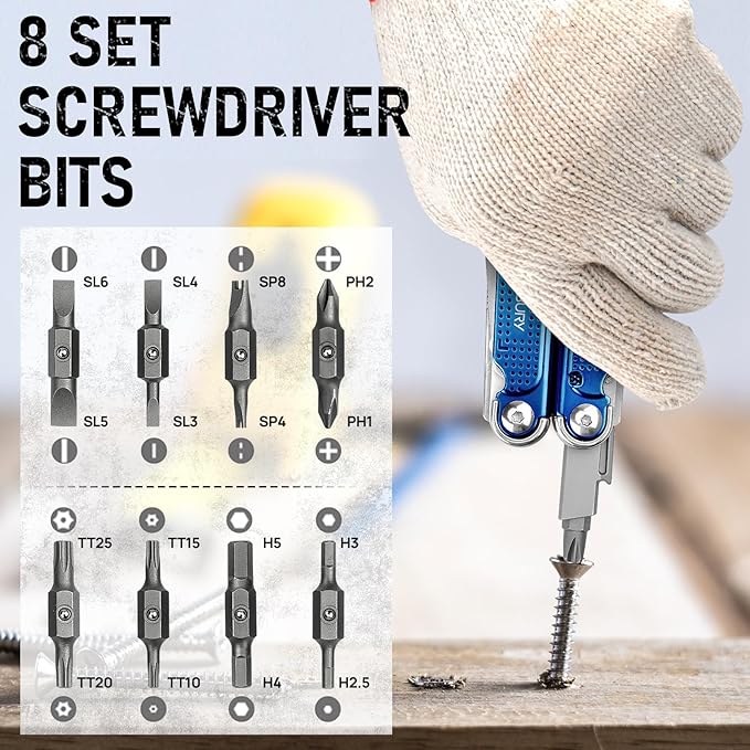 BIBURY Multitool Pliers BI2049BL with Blue Titanium Handle, EDC Multi Tool with Replaceable Wire Cutter, Full-Size Scissors and Screwdirver Set, Heavy Duty Hand Tool for DIY, Repair, Camping, Survival