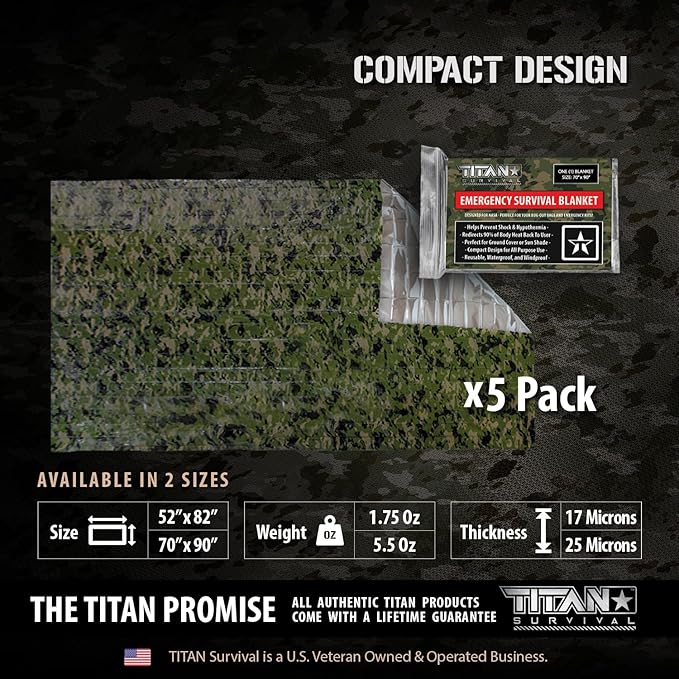 TITAN Survival Premium Mylar Survival Blankets (5 Pack) Thermal Emergency Survival Blanket for Camping, Hunting, Hiking - 90% Heat Retention & Waterproof - Portable Space Blanket w/Size Options