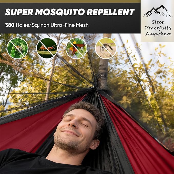 Camping Hammock with Mosquito Net, 600 lbs Portable Hammock with Tree Straps, 2-in-1 Double/Single Travel Hammock Tent for Outside/Indoor/Backpacking/Beach - Black & Red