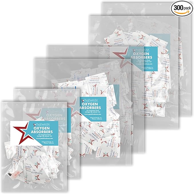 PackFreshUSA: Oxygen Absorber Combo - Contains 3 Sizes 50cc, 100cc, and 300cc- Food Grade - Non-Toxic - Food Preservation - Long-Term Food Storage Guide Included - 300 Pack (100 Count of Each Size)