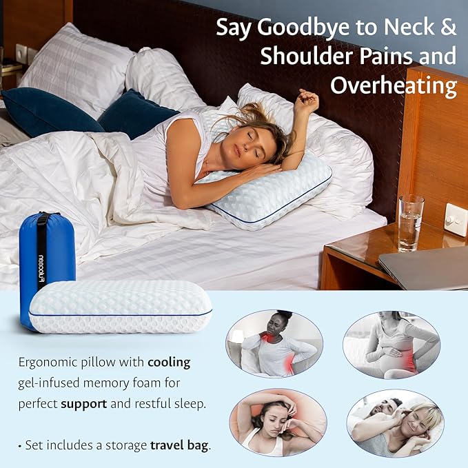Cooling Gel Memory Foam Pillows for Sleeping Standard Size, Bamboo Rayon Bed Pillow for Back Side Sleeper, Medium Firm Contoured Support for Neck Shoulder Pain Relief, Washable Breathable Dorm Twin XL