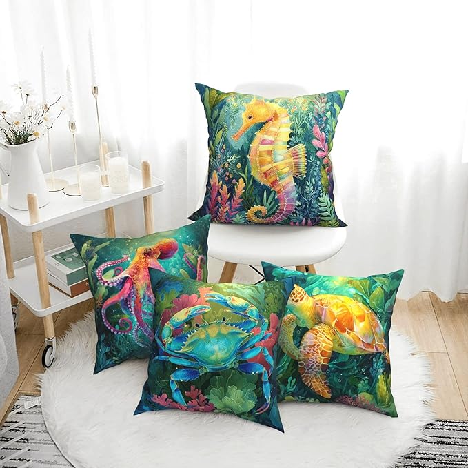 Coastal Beach Throw Pillow Covers 18 X 18 Inch Set of 4 Decorative Cushion Cover Home Decor for Sofa Chair Couch Bedroom Living Room