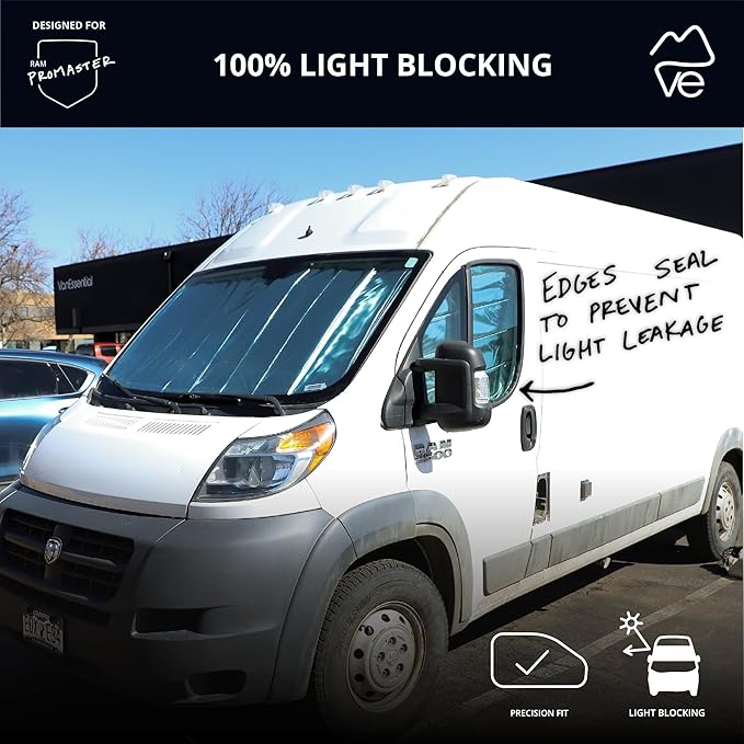 VanEssential Insulated Reflective Blackout Front Windshield Cover Designed for RAM Promaster Van Years 2014 to Current Model - Black Reflective