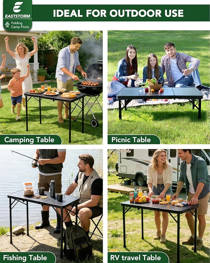 E EASTSTORM 3ft Folding Camping Table, Folding Table with 3 Adjustable Height, Portable Table with Handle, for Outdoor, Backyard, BBQ, Picnic, Cooking, RV, fits 2–4 People, Black