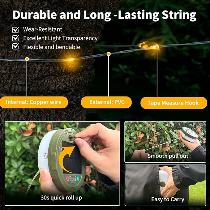 Solar Camping String Lights with 100 LEDs, 33 FT Outdoor Fairy String Lights with 13 Lighting Modes & Timer, Waterproof & Rechargeable, Camping Gear for Tent, Yard, Garden, Hiking, Travel Decor