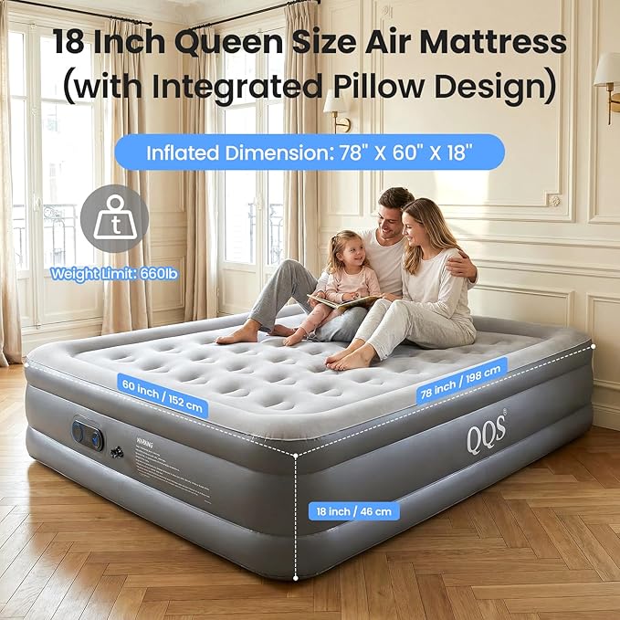 Air Mattress Queen with Built-in Pump, 18" Raised Inflatable Bed with Integrated Pillow Design, Self-Inflating Blow Up Mattress for Home Guests Camping