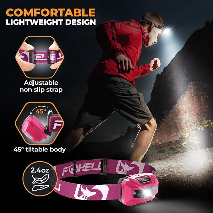 Foxelli USB‑C Rechargeable LED Headlamp – Ultra‑Light 2.4 oz & Bright 180 Lumens – Red/White Light, 5 Modes, IPX5 Waterproof, 40 h Runtime for Trail Running, Camping, Hiking