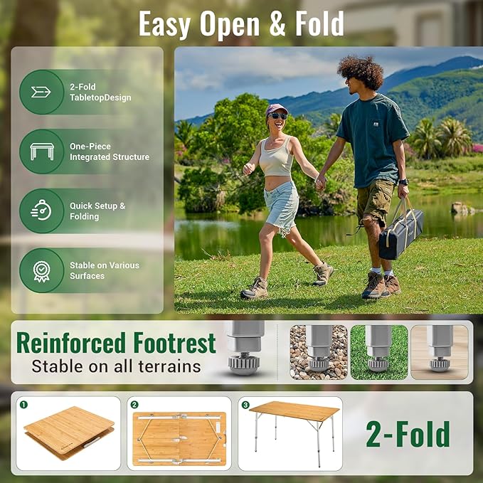 KingCamp Bamboo Folding Table, Camping Outdoor Portable Camp Table with Adjustable Height legs & Carry Bag for Outdoor RV Backyard Picnic Tailgating Beach