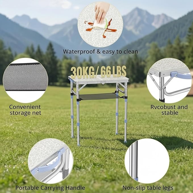 Small Folding Table Portable, 2ft Camping Pinic Table with 3 Adjustable Height, Aluminum Foldable Lightweight Patio Side Table with Carry Handle for Outdoor Indoor Hiking Camp BBQ Beach (White)