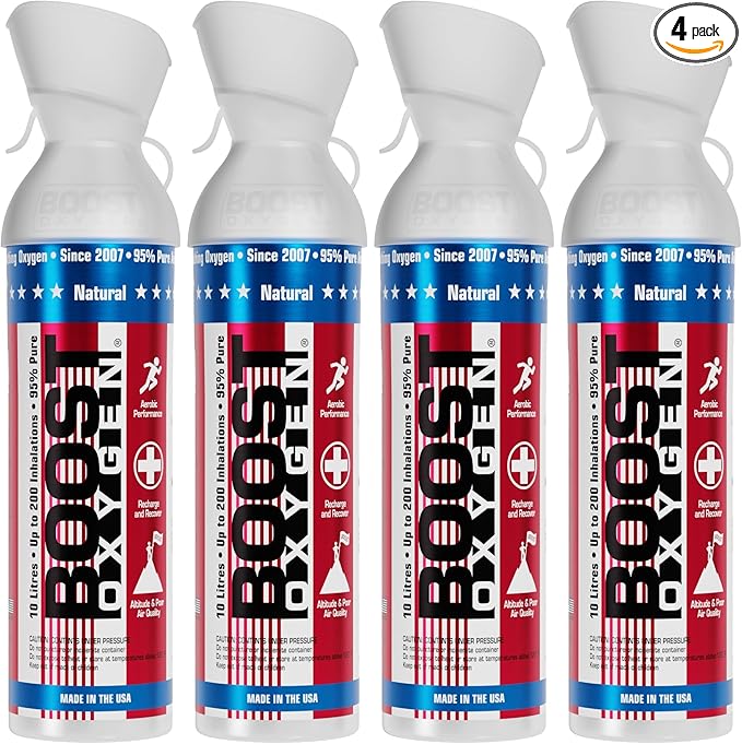 Boost Oxygen Large Natural Stars & Stripes 10L Canister | Respiratory Support for Aerobic Recovery, Altitude, Performance & Health (4 Pack)