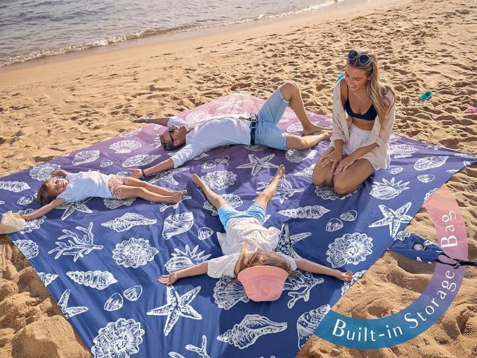 WEKAPO Beach Blanket Waterproof Sandproof Oversized, Extra Large Beach Mat Sand Free, Lightweight & Compact Sand Free Mat with 5 Stakes & 4 Corner Pockets