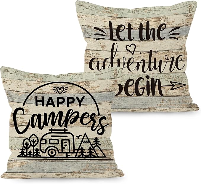 Camping-Themed Decorative Throw Pillow Covers, 2 x 18" x 18" Beige Cotton Linen Blend, Rustic Letter Print, Perfect for Home Decor, Camping, Camper Gifts