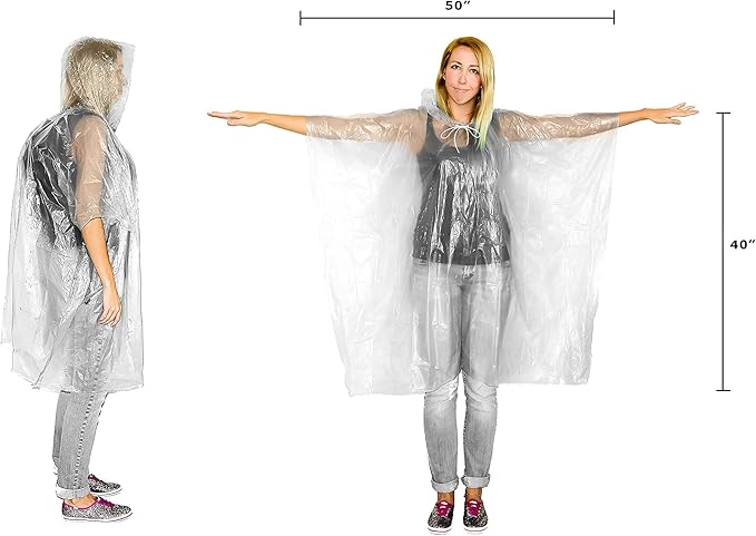 Lingito Rain Ponchos Family Pack - Emergency Drawstring Hood Poncho for Children & Adults Lightweight Reusable or Disposable