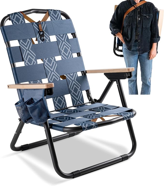 CleverMade Kove Twilight Blue Beach Camping Chair, Hands Free Carrying Strap + Real Wood Handles & 2 Cup Holders, Foldable Reclining Low Profile Collapsible Lawn Chair, Holds 300 lbs