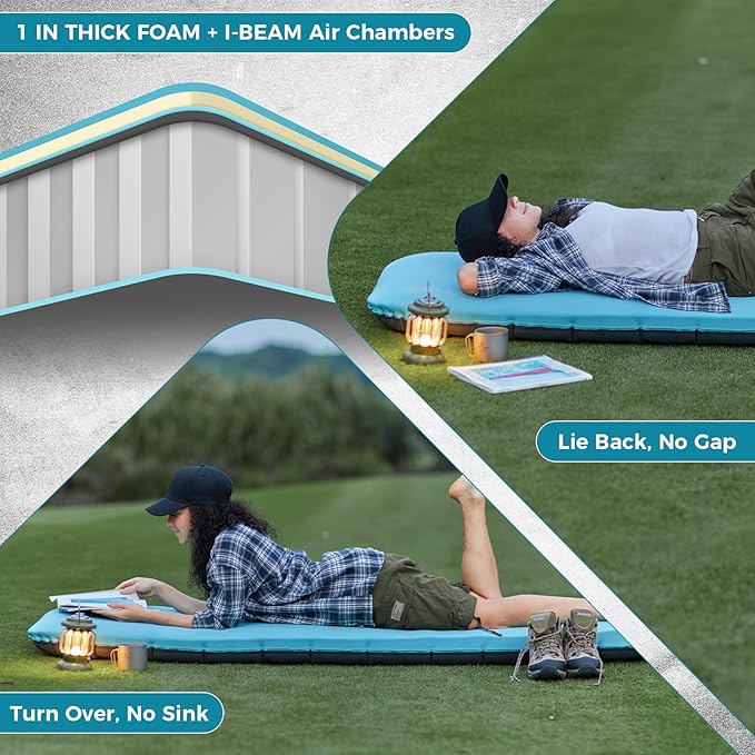 KingCamp Foam Camping Pad, 4" Thick Inflatable Single Sleeping Pad with Pump Sack, Silent Elastic Fabric Sleep Mat for Backpacking, Tent & Car Camping