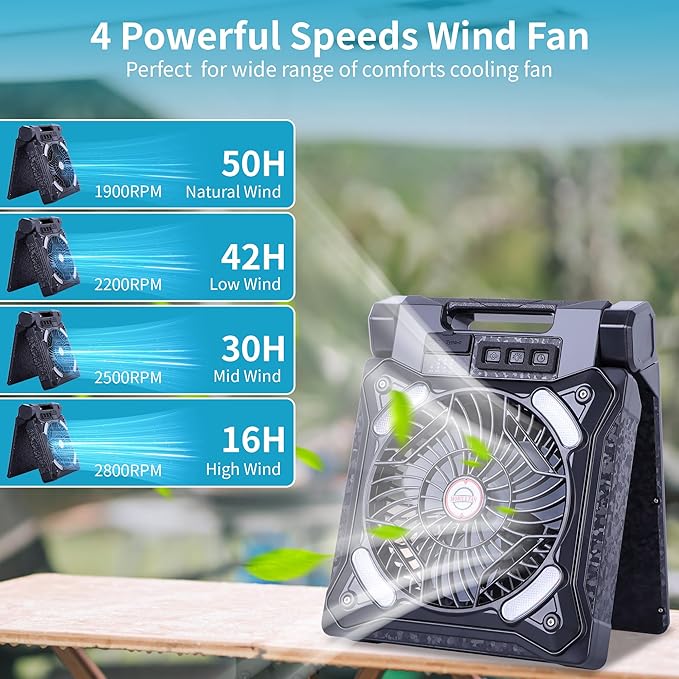 WESTTREE Solar Fan Battery Powered Rechargeable Solar Camping Fan with Led Lantern & Power Bank Foldable Angle USB Personal Fans for Travel Outdoor Camping Tents X98 Black