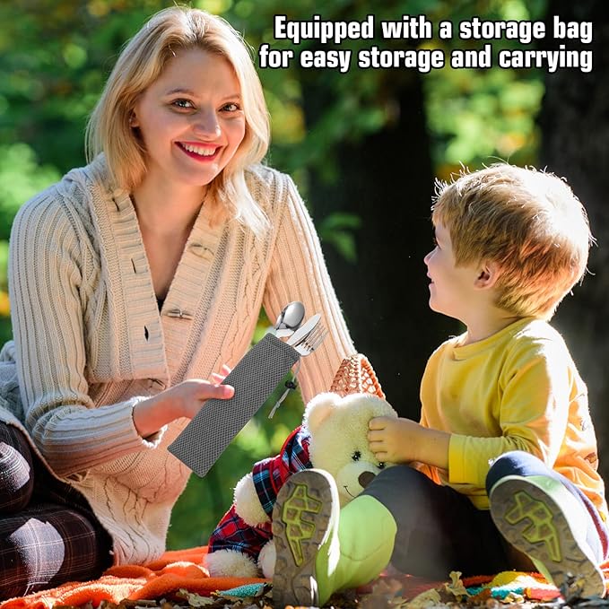 3PCS Camping Utensil Set with Carrying Bag, Stainless Steel Camp Flatware Ultralight Fork Knife Spoon Camping Cutlery Set for Outdoor Picnic Hiking Backpacking Travel