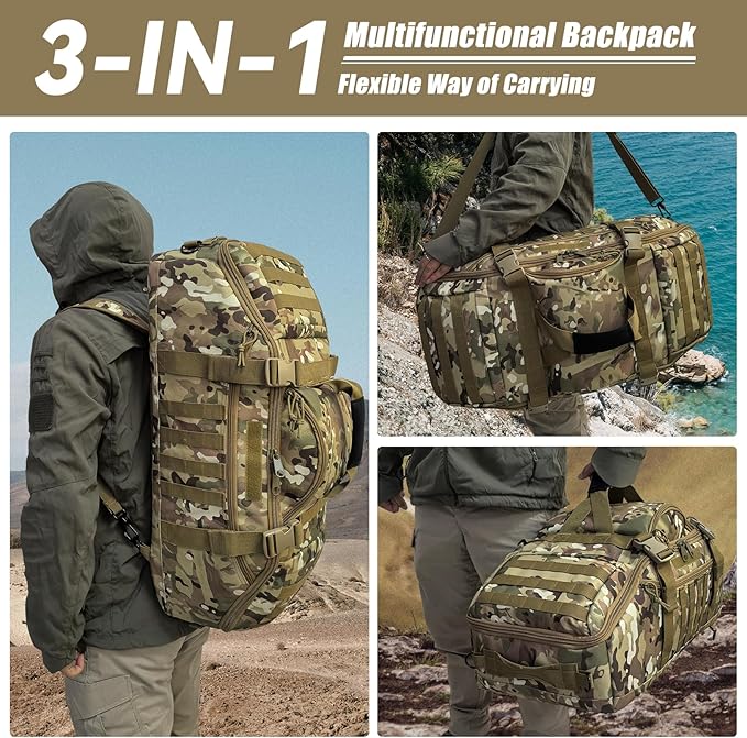 Hannibal Tactical 65L Large Duffle Bag, 3-in-1 Tactical Backpack MOLLE Pack for Sports, Gym, Outdoor, CP
