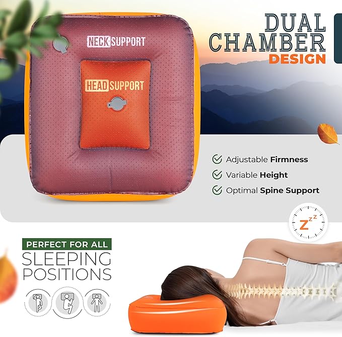 SkogzillaCo- Camping Inflatable Pillow Dual Chamber Ultralight Backpacking Pillow for Camping, Hiking & Travel, Blow Up Pillow with Adjustable Neck, Compact Portable- Orange