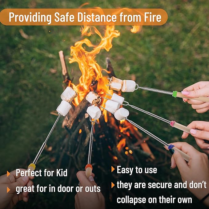 UNCO- Marshmallow Roasting Sticks with Bag, 32”, 10 Pack, Extendable Stainless Steel Smores Sticks for Fire Pit, Smores Skewers, Campfire Cooking Equipment