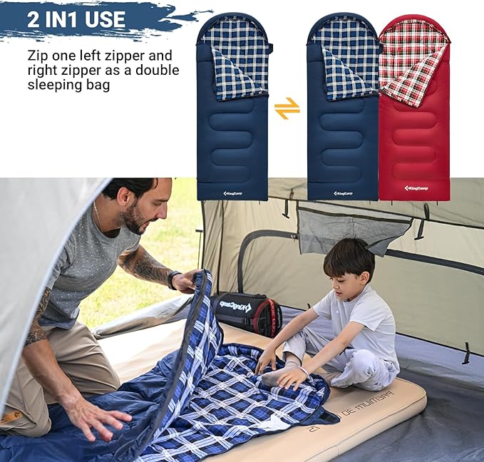 KingCamp 45°F Kids Sleeping Bag, Lightweight Waterproof & Compact Flannel Sleeping Bags Cold Weather & Warm Youth Essentials Gear Accessories for Camping, Fits 10-12 Children up to 4'7"-5'5" Tall