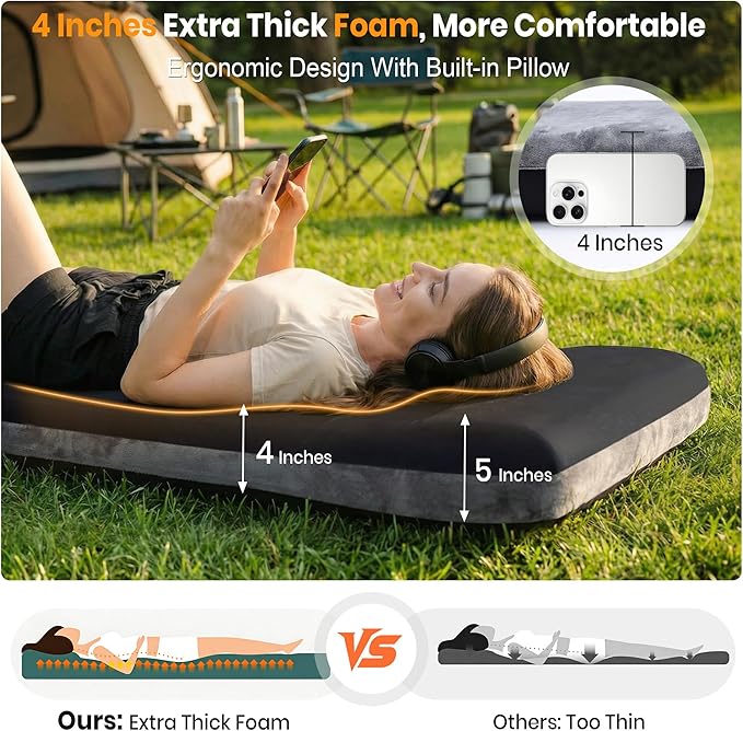 Self Inflating Sleeping Pad with Electric Pump, 4" Ultra-Thick Foam Sleeping Mats for Camping with Built-in Pillow, 9.5 R-Value 4 Season Camping Mattress Pad for Cot Truck Car Home