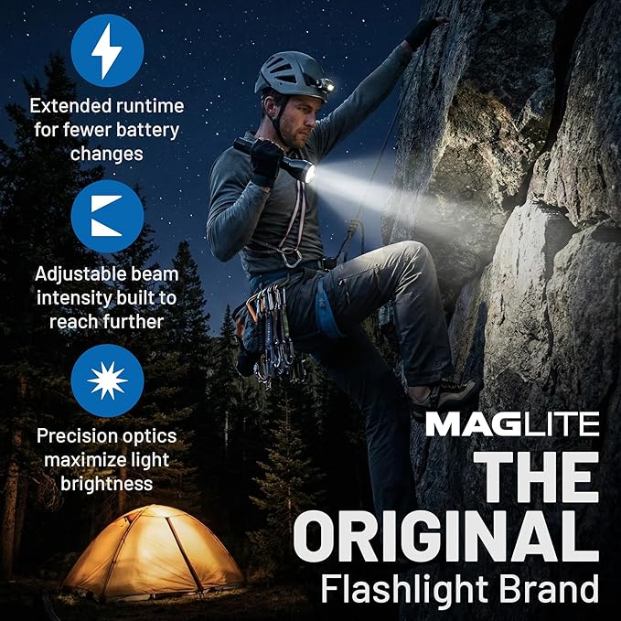MagLite High Lumens LED Flashlight – ML300L 4-Cell D Flashlight with Adjustable Focus for Precise Beam, Long Battery Life, Water-Resistant for Emergency, Outdoor, and Camping – Black