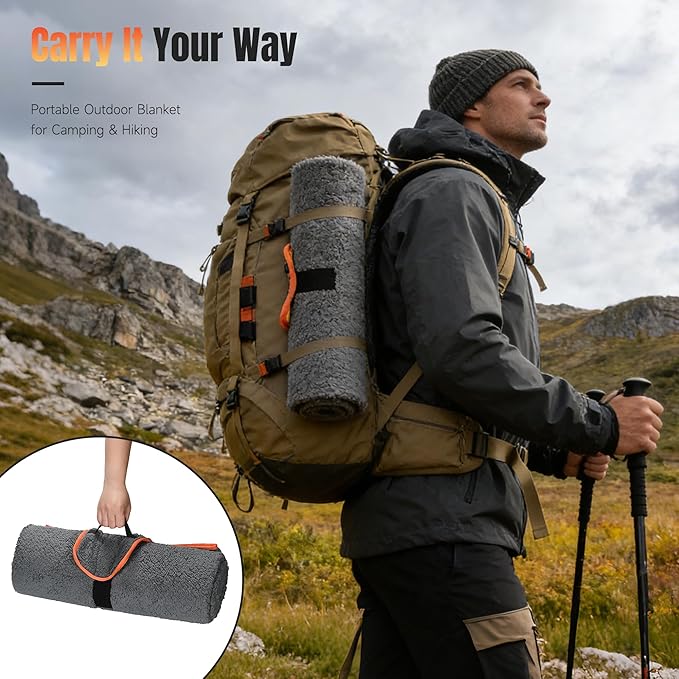 Tirrinia Waterproof Outdoor Blanket, Warm Windproof Stadium Blankets with Sherpa Lining, Foldable Camping Blanket, Emergency Blanket with Mountain Landscape Design for Car, Beach, Picnic, Hiking