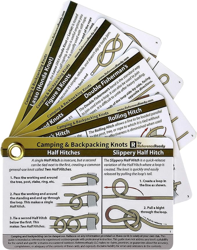 ReferenceReady Outdoor Knots Pocket Guide - Waterproof Knot Tying Cards with Mini Carabiner, 22 Rope Knots for Camping, Backpacking, Scouting and Bushcraft