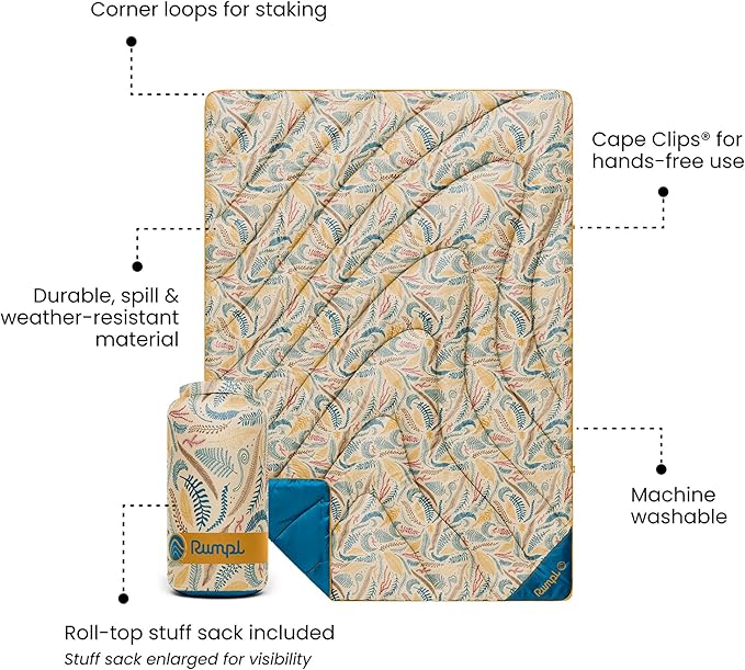 Rumpl Original Puffy Compact Throw Blanket for Camping and Outdoors, Mustard Fern
