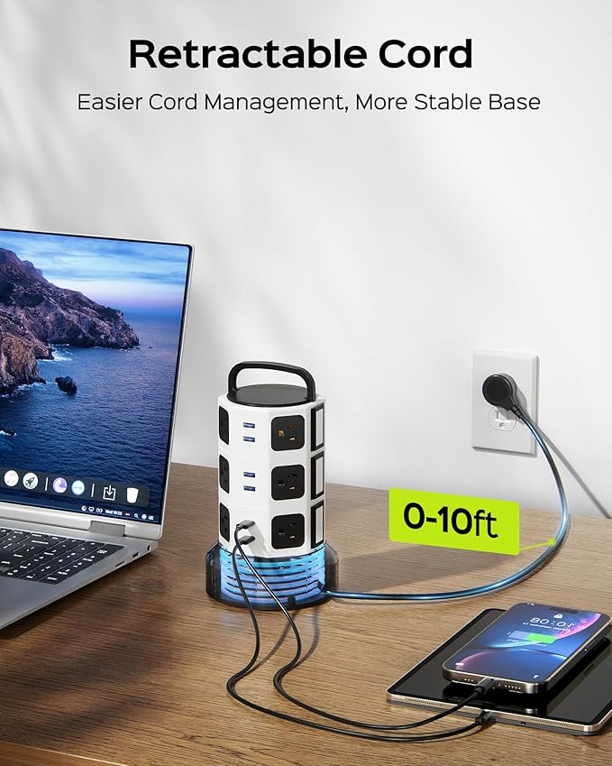 【10ft】 Power Strip Tower JACKYLED Surge Protector Electric Charging Station with 13A 12 Outlets 6 USB Ports Heavy Duty Extension Cord for Home Office Computer Nightstand Laptop Phone White Black