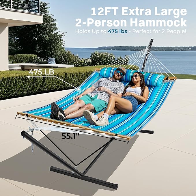 SUPERJARE Hammock with Stand, 2 Person Quilted Outdoor Hammock, Detachable Pillow & Bamboo Spreaders, Portable Hammock with Carrying Bag, Heavy Duty Stand, Perfect for Outside, Patio, Aqua Blue