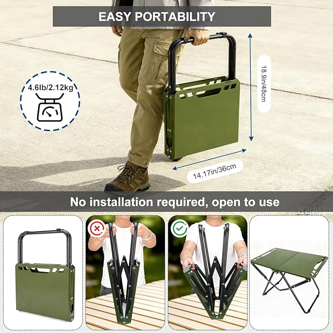 Tactical Camping Table, Collapsible Table Lightweight with Carry Bag, Durable Carbon Steel Outdoor Picnic Table for Camping, Travel expeditions, Hiking, Picnics, BBQs & Beach Trips - Green