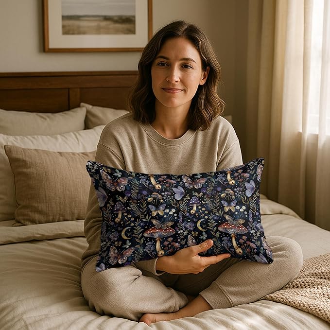 Mystical Dark Cottagecore Botanical Moth Mushroom Lumber Pillow Cover 12x20, Dark Academia Witchy Floral Butterfly Moon Night Decorative Throw Pillow Cover Cases for Home Bedroom Living Room