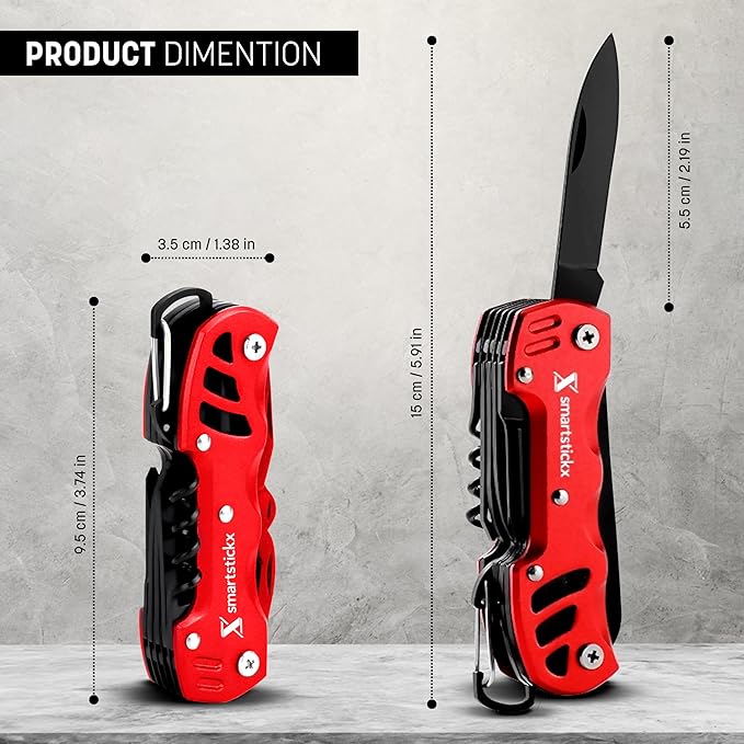 SmartstickX 16 in 1 Multi Tool Tactical Knife Camping essential Survival with Knife, Scissors, Saw, Wine Opener, Multiple Screwdrivers, Key Chain Easy Carry, Fish Scaler (Red)