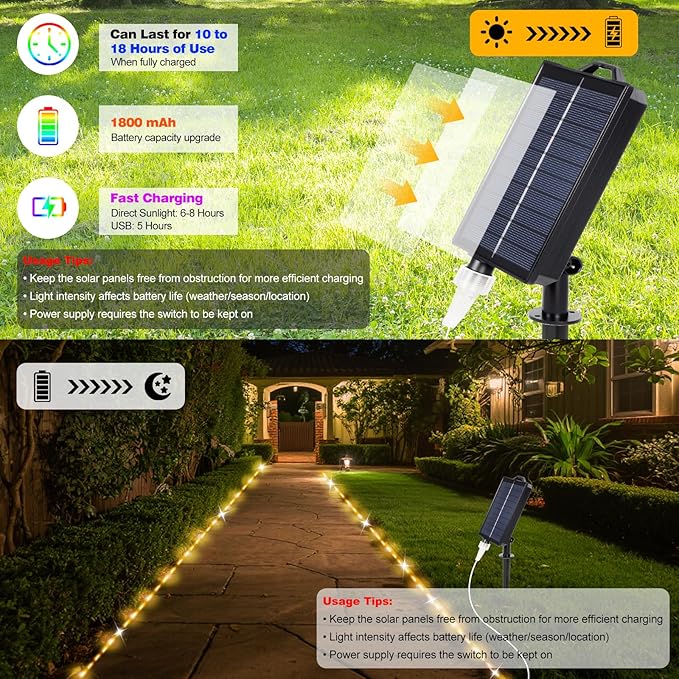 50FT 150 LED Solar Rope Lights, 18 Colors with Timer, 5 Modes, Waterproof Plug-in Remote Control Camping String Lights for Outside, Camping, Classroom, Party, Festival Decoration Solar Lights Outdoor