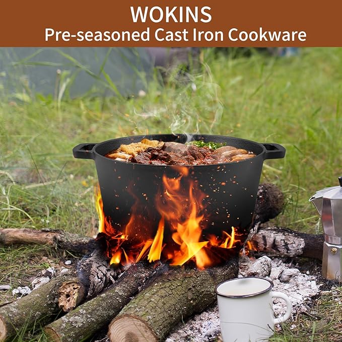 2-in-1 Pre-Seasoned Cast Iron Dutch Oven with Skillet Lid,Oven,Grill,Campfire&Stovetop Safe,Durable Black Cookware Sets with Dual Handles,Cast Iron Skillets for Sourdough Bread baking,Frying,Camping,BBQ,5QT